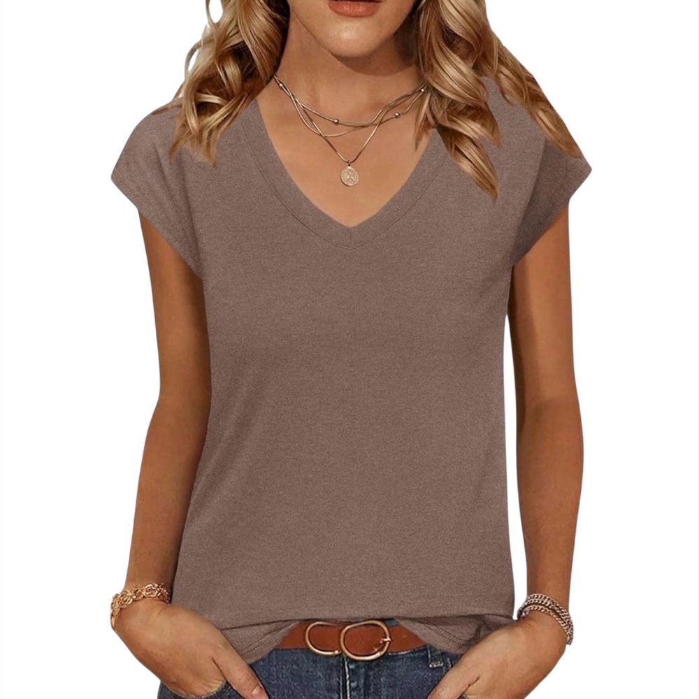 V-Neck Cap Sleeve Mocha Brown T-Shirt Size XXL